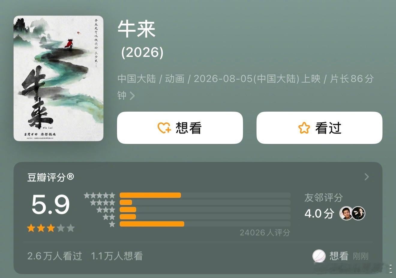 《牛来》开分5.9分……好久没看到如此显著的C型分了，一星与五星，并驾齐驱……