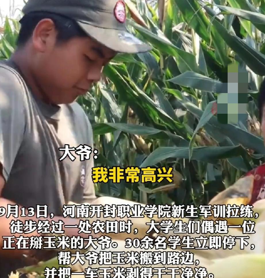 9月13日，河南开封职业学院开展新生军训拉练，途经一处玉米田，一位大爷正在路边晒