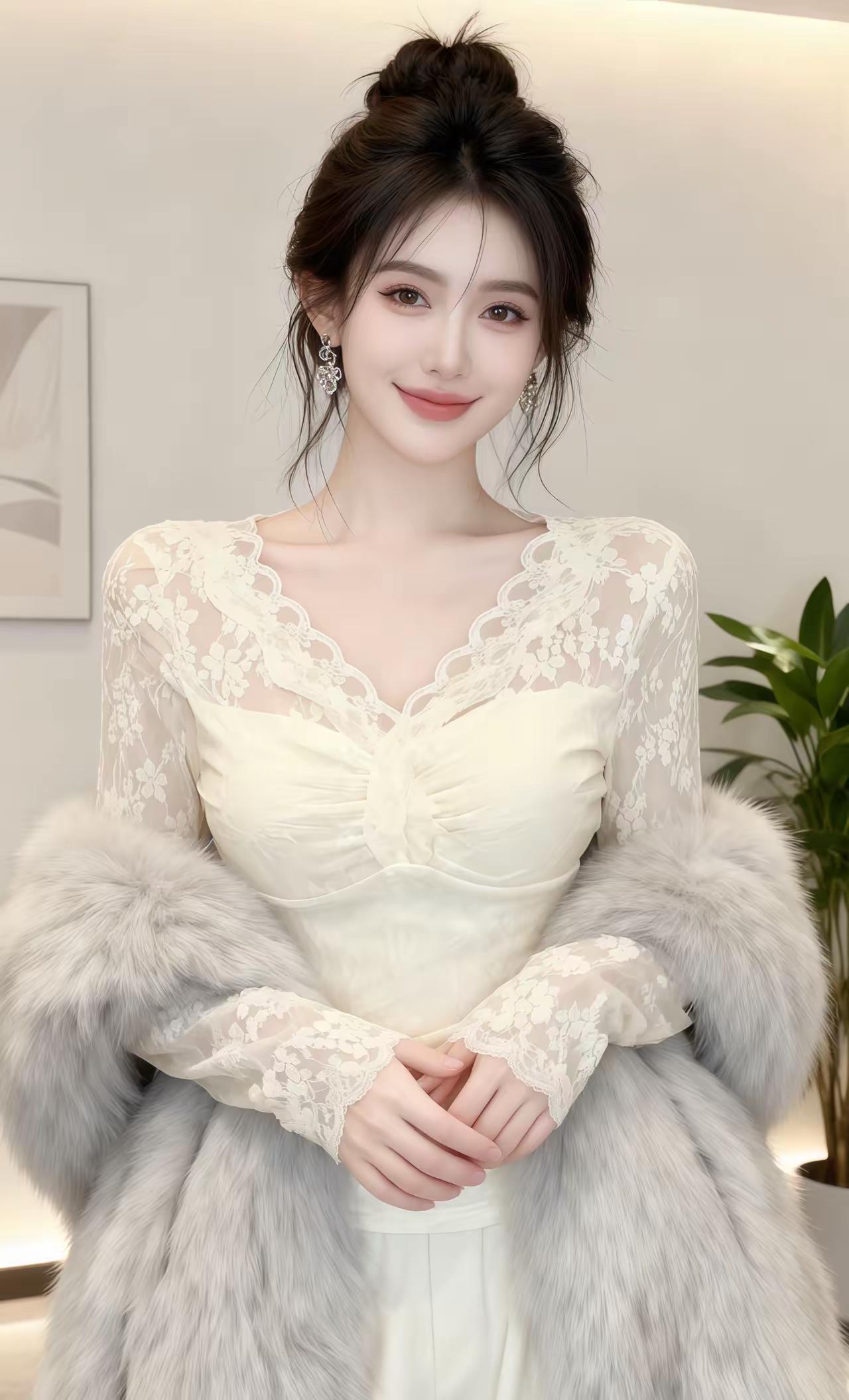 优雅白裙搭配奢华毛皮大衣，甜美笑容，尽显时尚魅力！