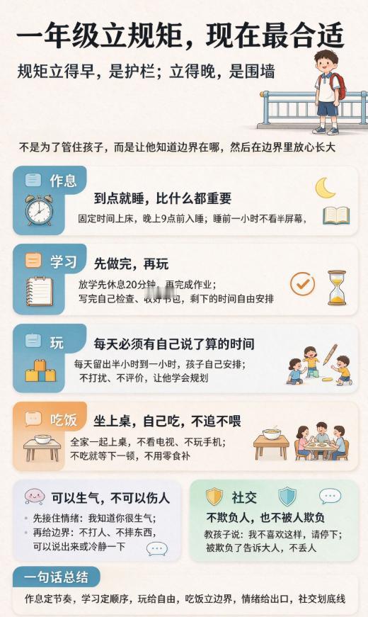 一年级不立规矩，三年级只能干着急！这份“保姆级”规矩清单请收好📝
✅ 作息： 