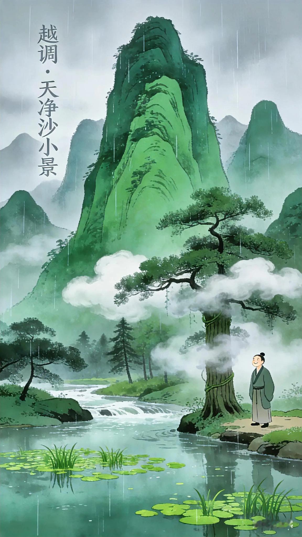 《越调》天净沙小景、汤式。
翠岧峣天近山椒，
绿蒙茸雨涨溪毛，
白叆叇云埋树腰。