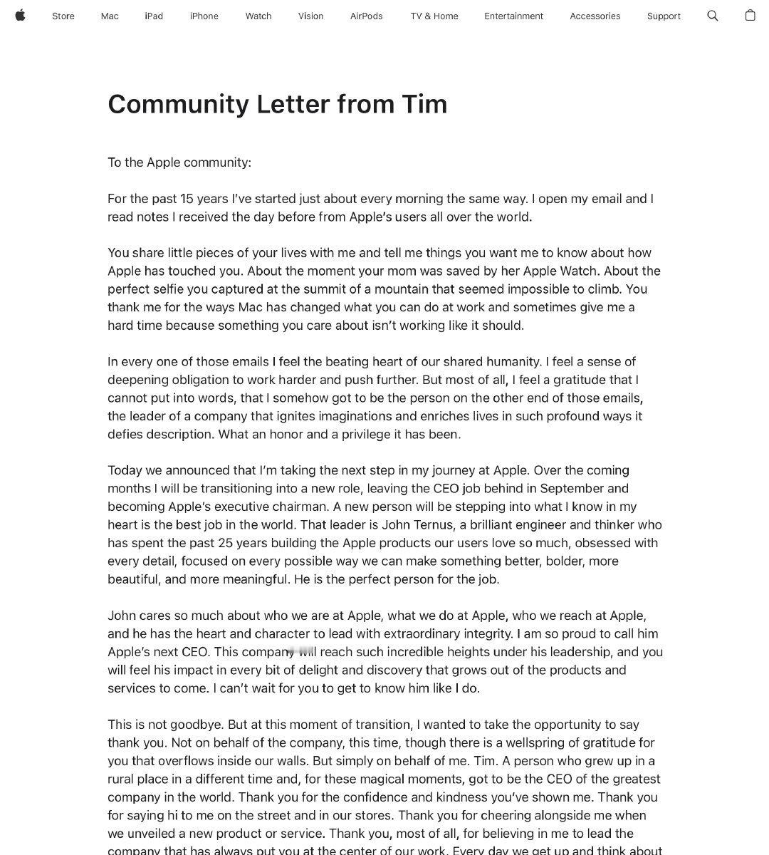 库克不再担任苹果CEO蒂姆·库克（Tim Cook）在 Apple 首页贴出公开