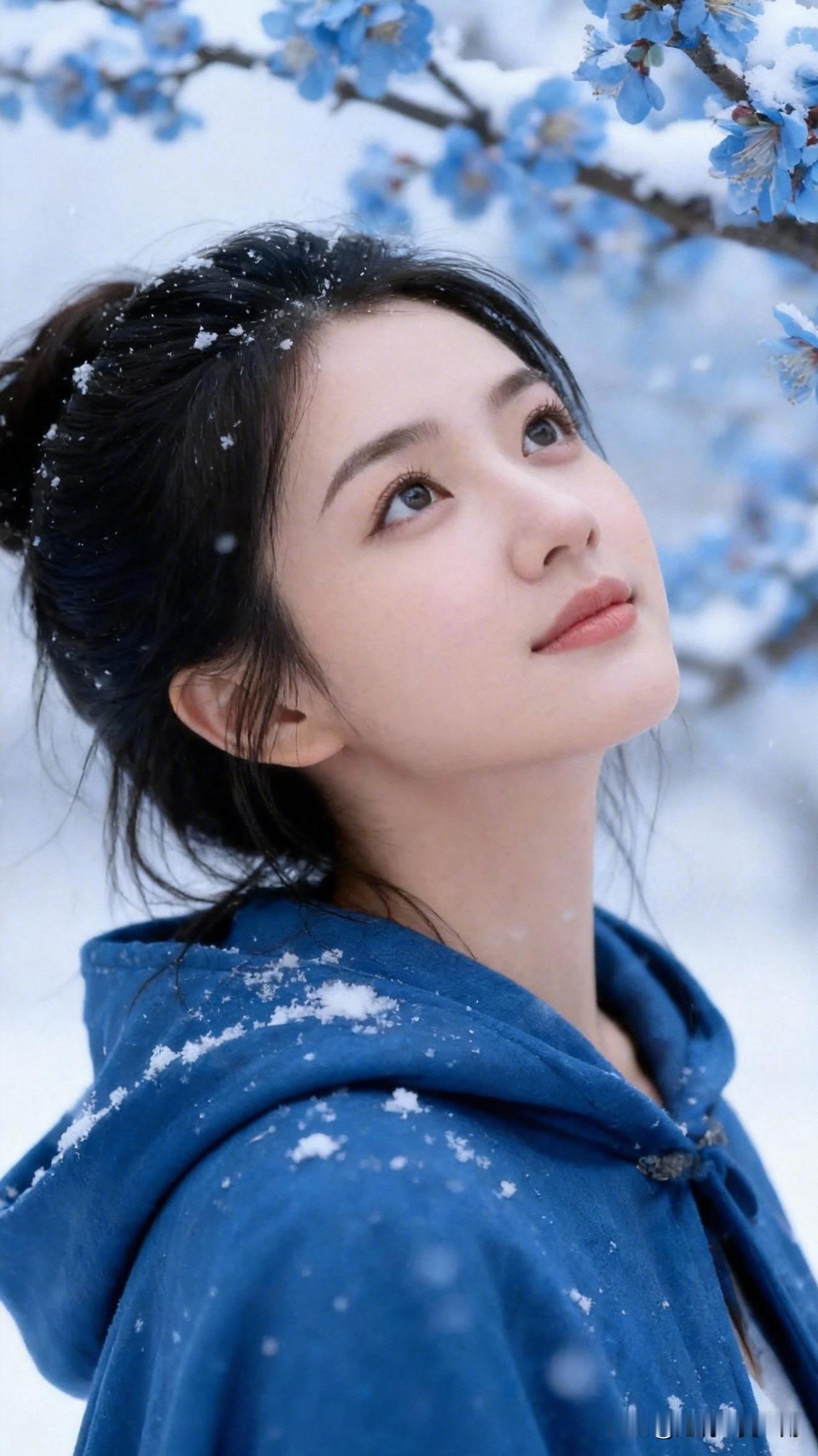 雪中赏梅，心旷神怡。气质穿搭怎么穿才恰到好处? 冬日雪景中的少女，蓝色外套与飘雪