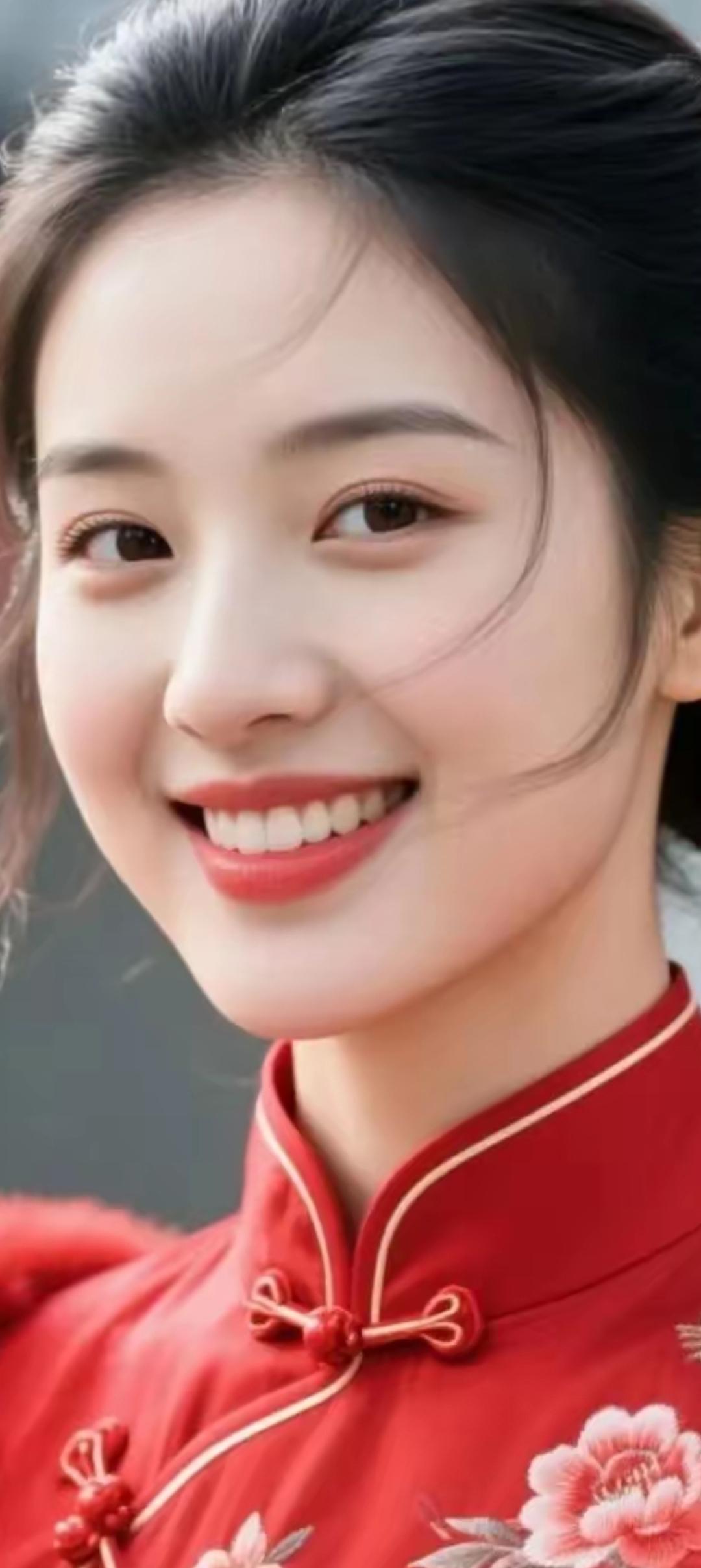 甜美笑容，红衣花绽，东方美人！