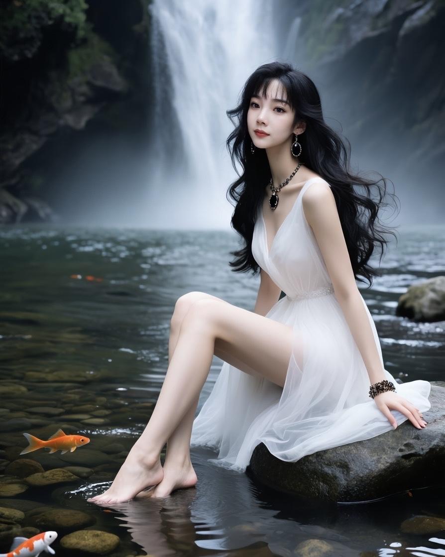 梦幻瀑布下的白衣仙子，静谧如画