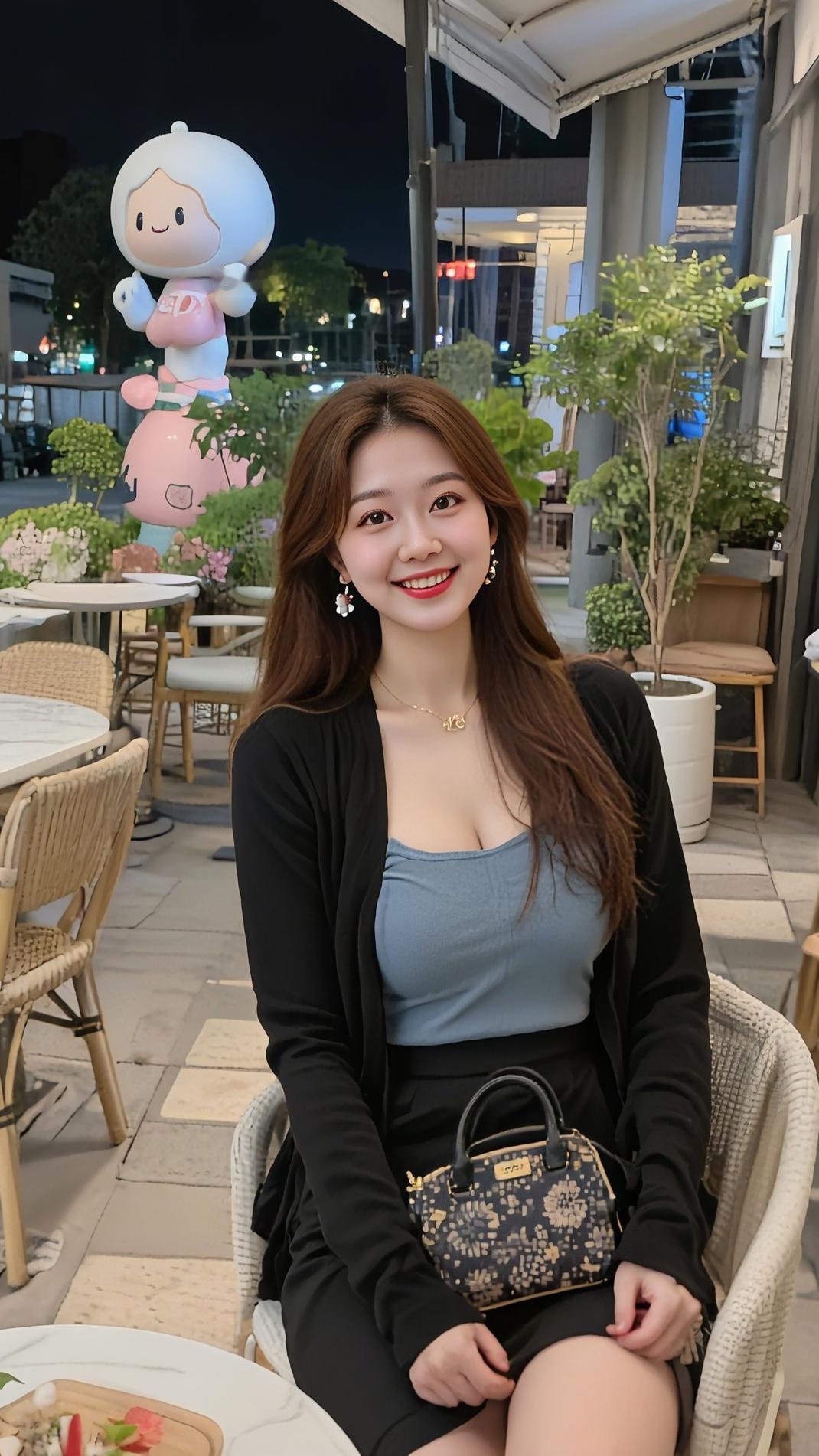 夜晚的咖啡馆，甜美少女与萌宠相伴，享受宁静时光。🌃💕🐻