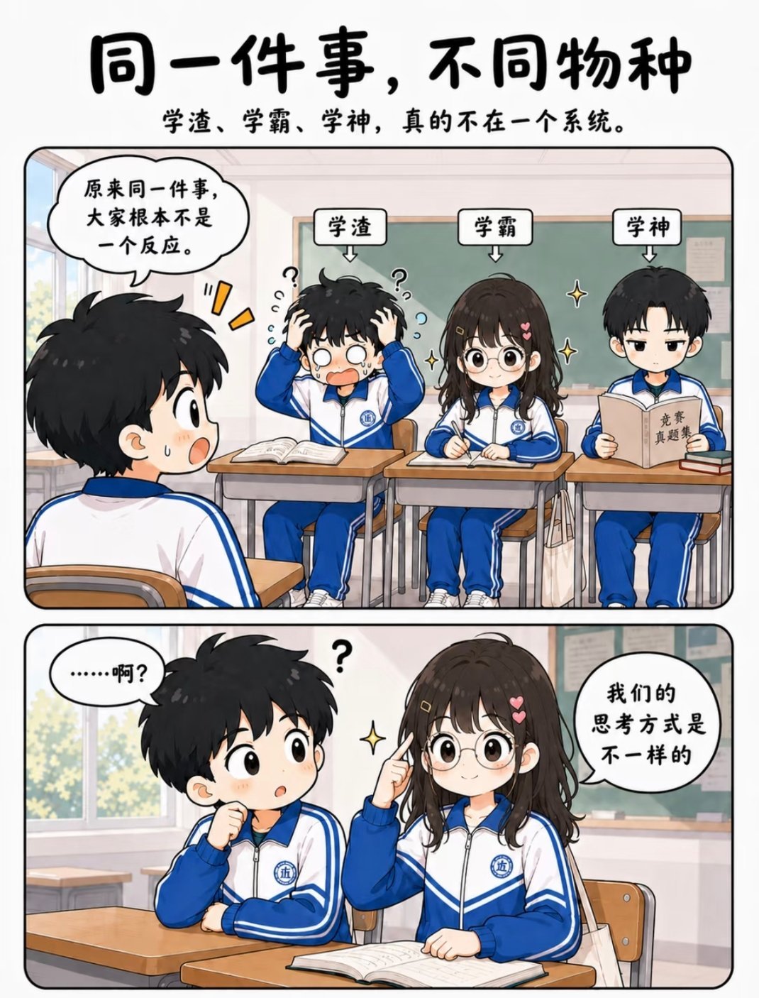学霸真的是一种很神奇的生物同样坐在教室，别人费劲理解的知识，他们轻松就掌握了，天
