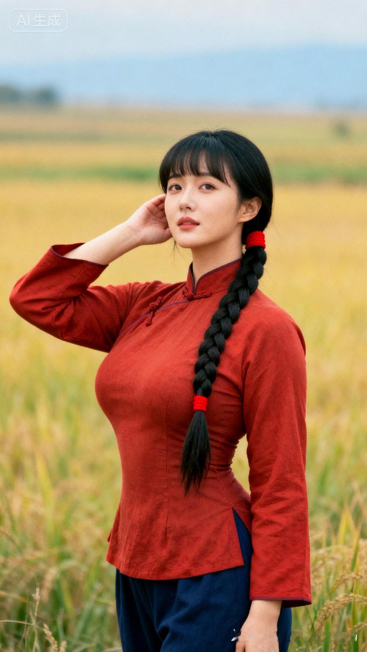 红衣少女田间立，黑发辫中藏风情。