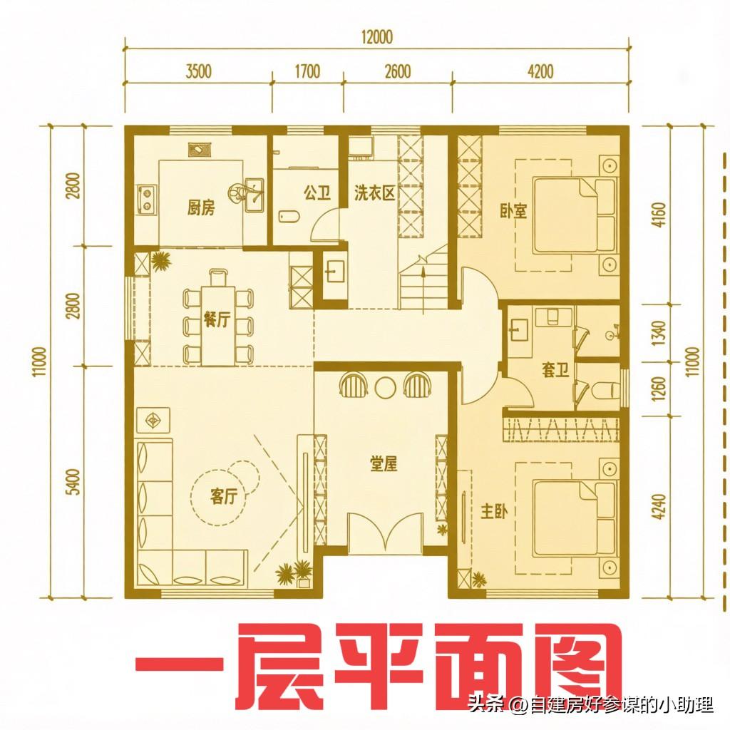 一款“小清新”的建房图纸[心][心]

宅基地尺寸12m×11m，户型方正少浪费