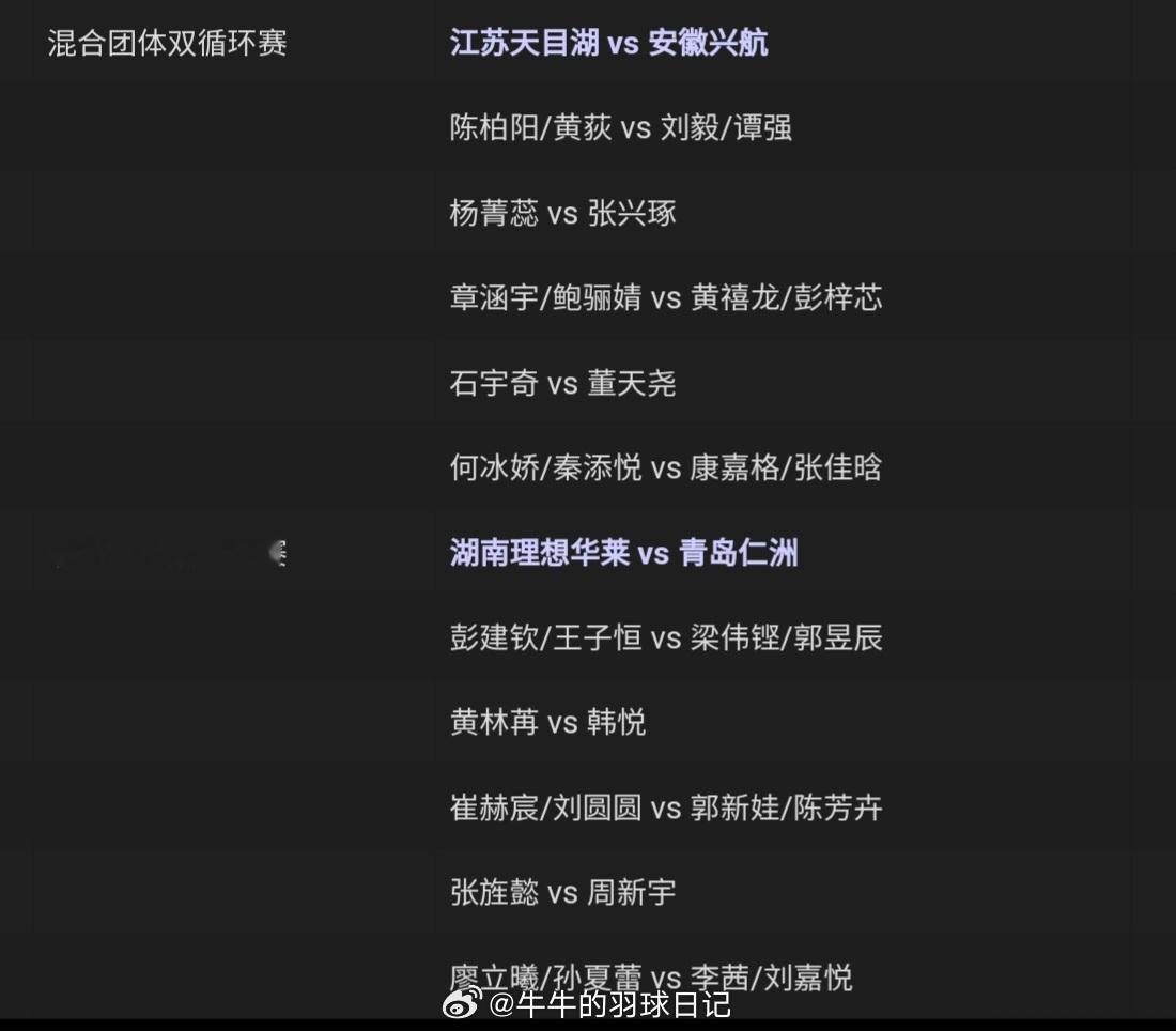 2024羽超联赛  今天下午对阵名单 