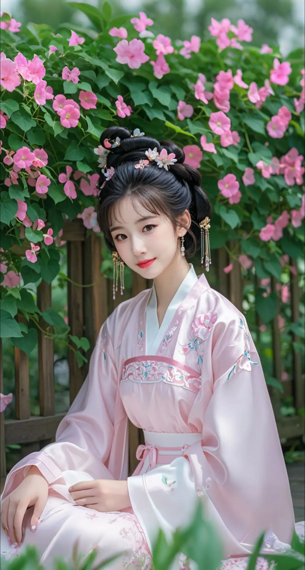 AI扩图 粉蔷雅韵少女