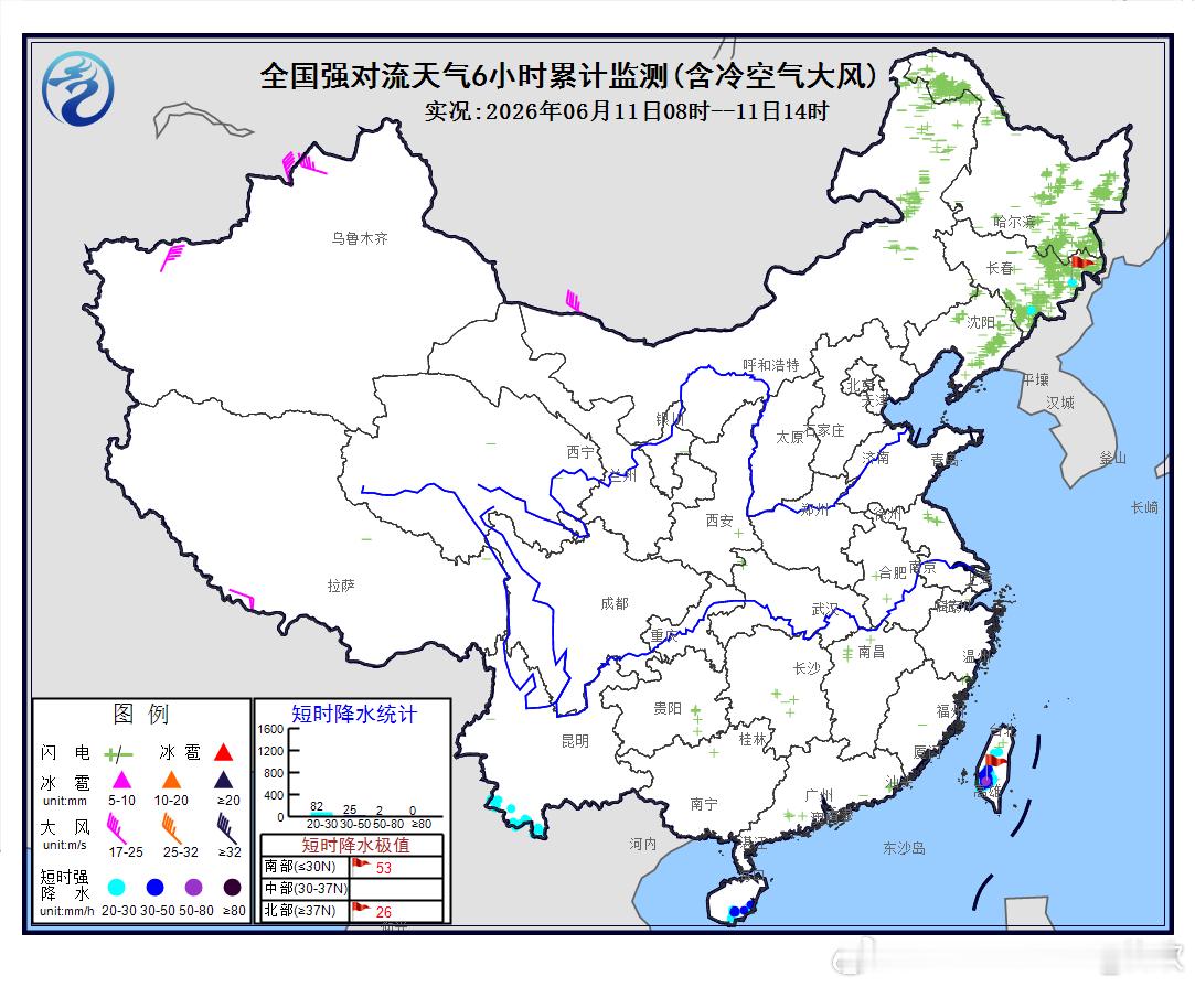 【降水】今天08-14时，我国的降水总体依然较少。在云南南部、海南、台湾部分站点