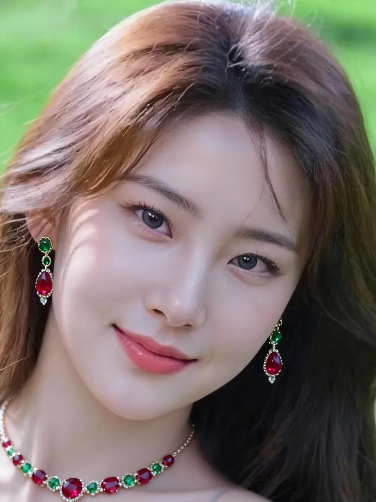甜美笑容，绿宝石耳环，自然妆容，清新自然。