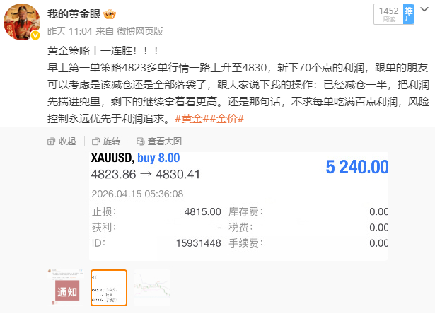 总结：4月15日共做五单，三胜两负。  总盈： 10点。 4823多单4830离