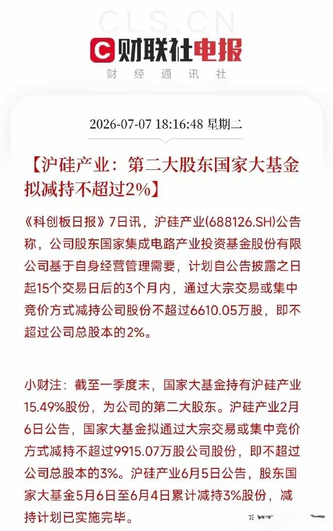 国家大基金又开始减持半导体产业，国家大基金这一次减持不超过2%，因这段时间有很多