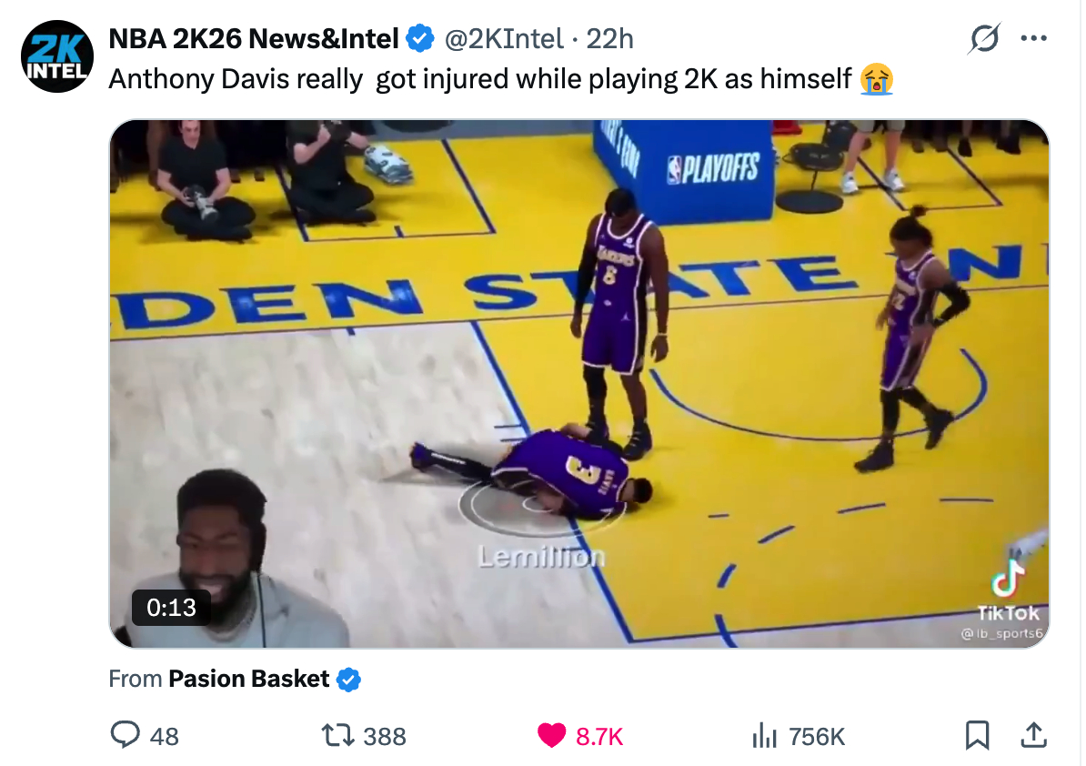 浓眉玩2k操作自己受伤了