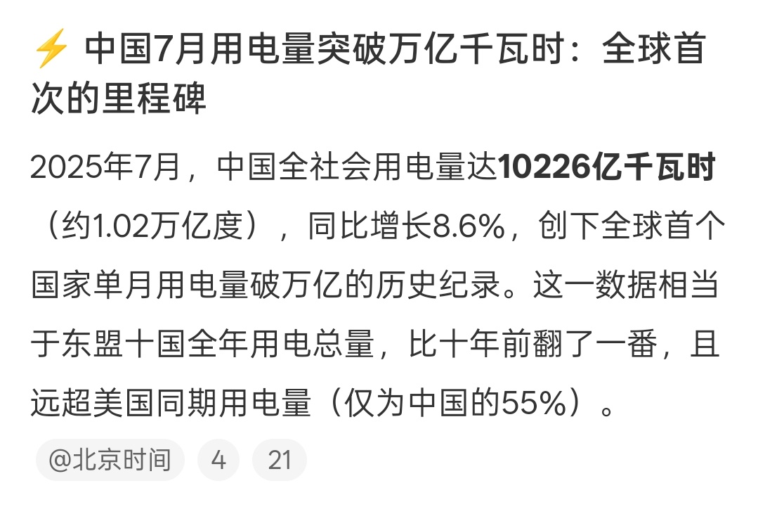 中国7月用电量过万亿度创世界纪录 单月用电量 > 日本全年总量 ≈ 德国+法国全