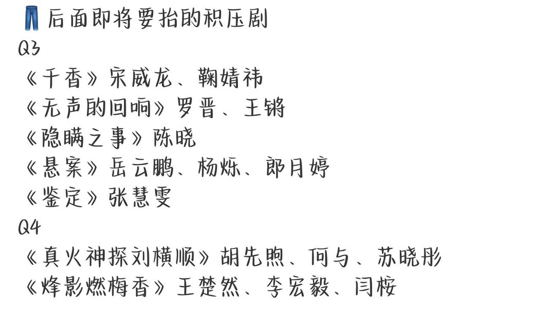 👖后面即将要抬的积压剧Q3《千香》宋威龙、鞠婧祎《无声的回响》罗晋、王锵《隐瞒
