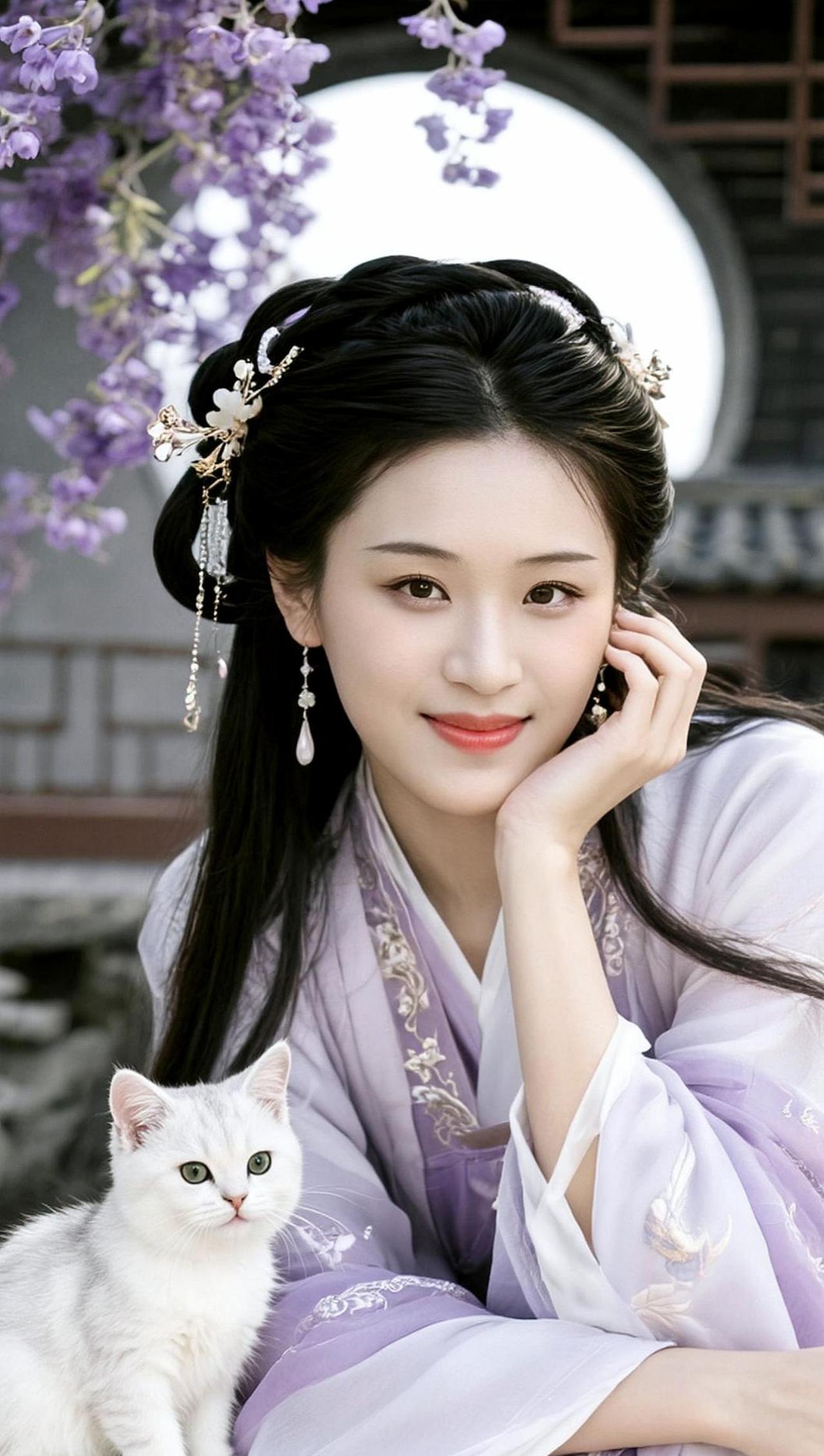 古风装扮如诗如画，仿佛穿越千年时光。一袭淡紫色长裙，搭配精致的发饰，尽显温婉气质