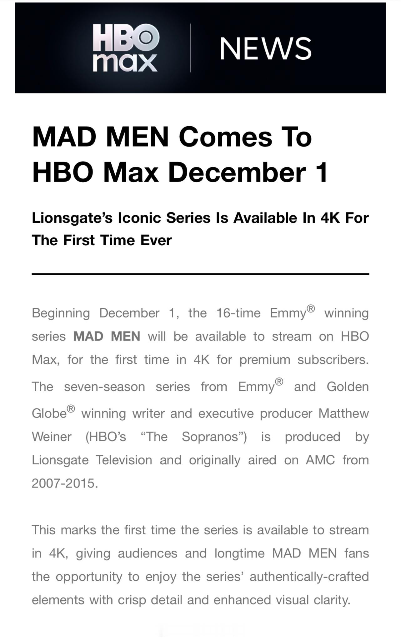 "Mad Men" 4K版，12月1日上HBO Max。 
