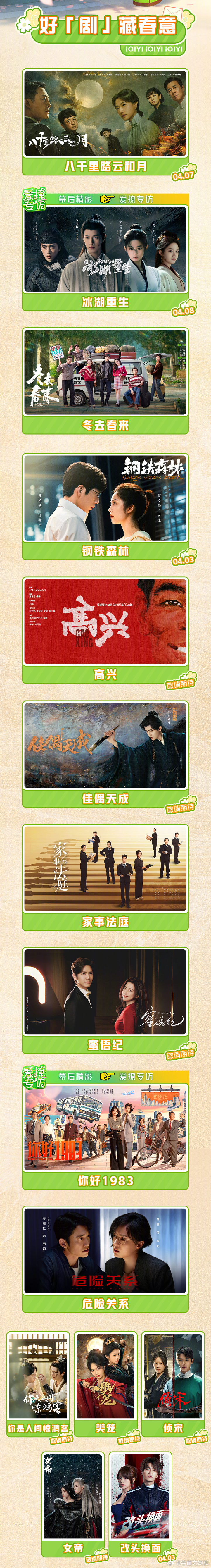 爱奇艺4月待播剧综 高能来袭！《冬去春来》白宇、章若楠热血追梦，《你好1983》