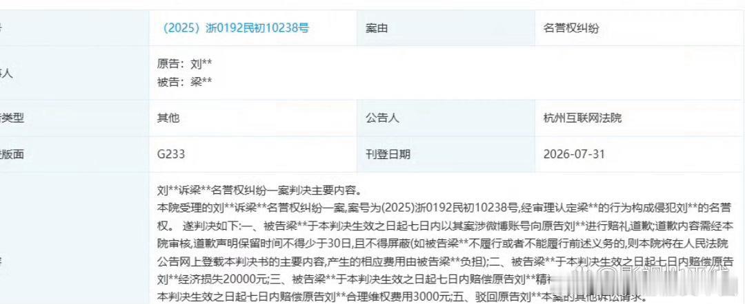 近日，杭州互联网法院公告刘浩存起诉梁某某名誉权纠纷一案判决主要内容。经审理认定，