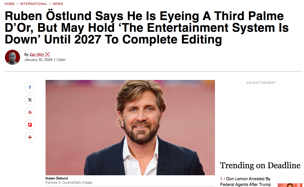 TNABO 鲁本·奥斯特伦德：老夫已经在憧憬把第三座金棕榈捧回家的情形了，不过打