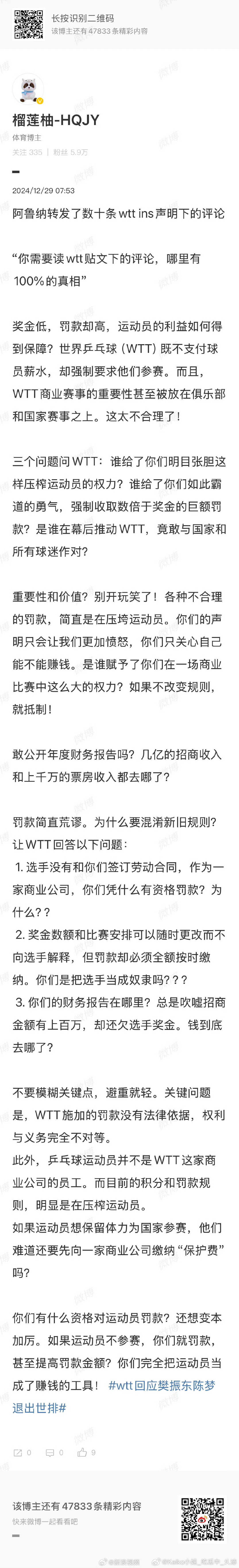 西蒙高茨称不接受WTT声明 2024年12月28日，WTT世界乒联发布了关于樊振