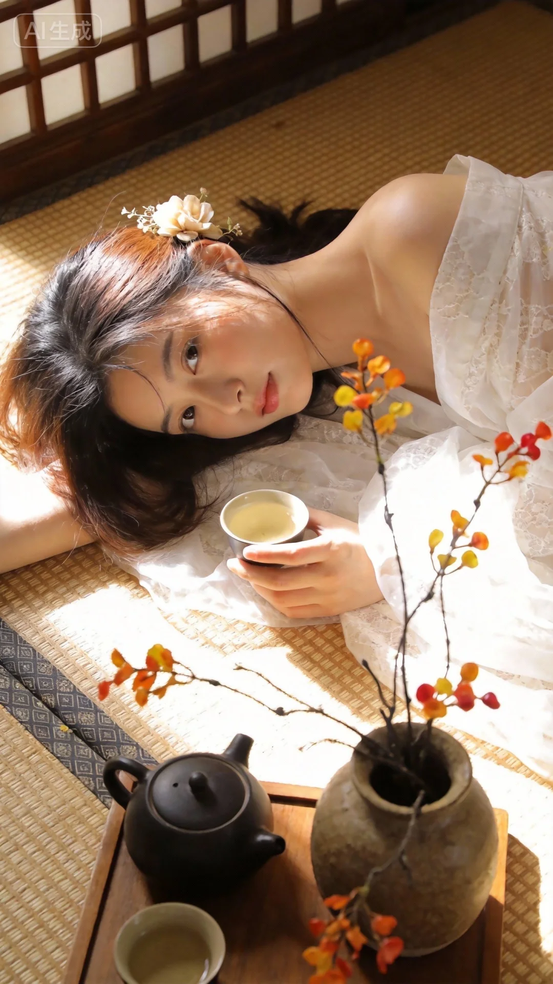 画面中心是一位长发女性，长发（棕黑渐变）自然散落，有些许碎发，发间点缀着浅米色花