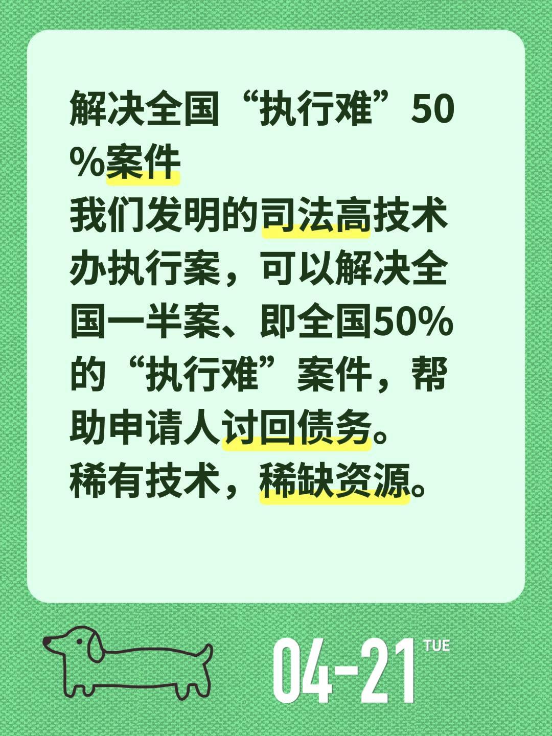解决全国“执行难”50%案件
我们发明的司法高技术办执行案，可以解决全国一半案、