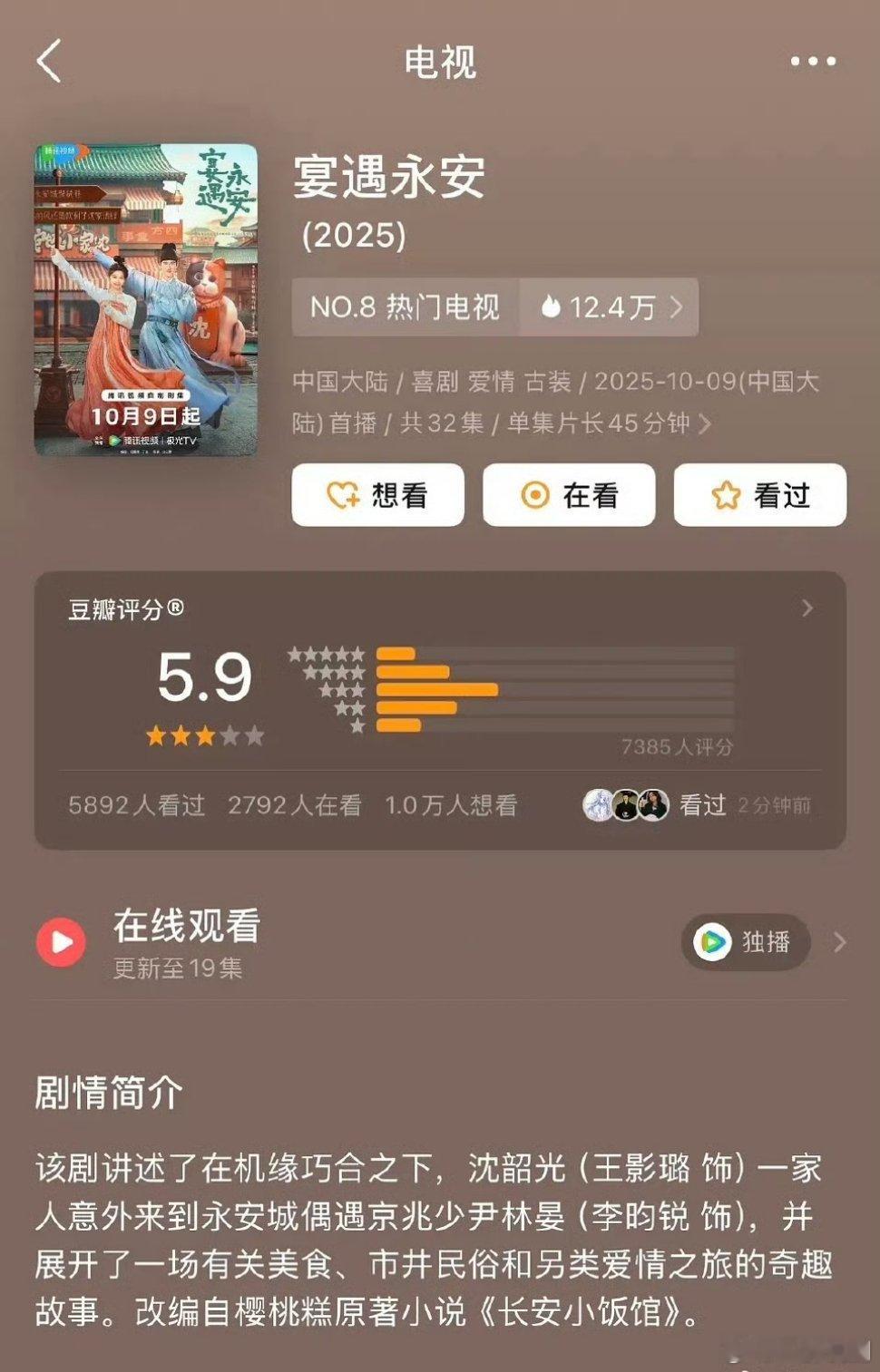 电视剧《宴遇永安﻿ 》豆瓣开分 5.9高了还是低了 ​​​？ ​​​