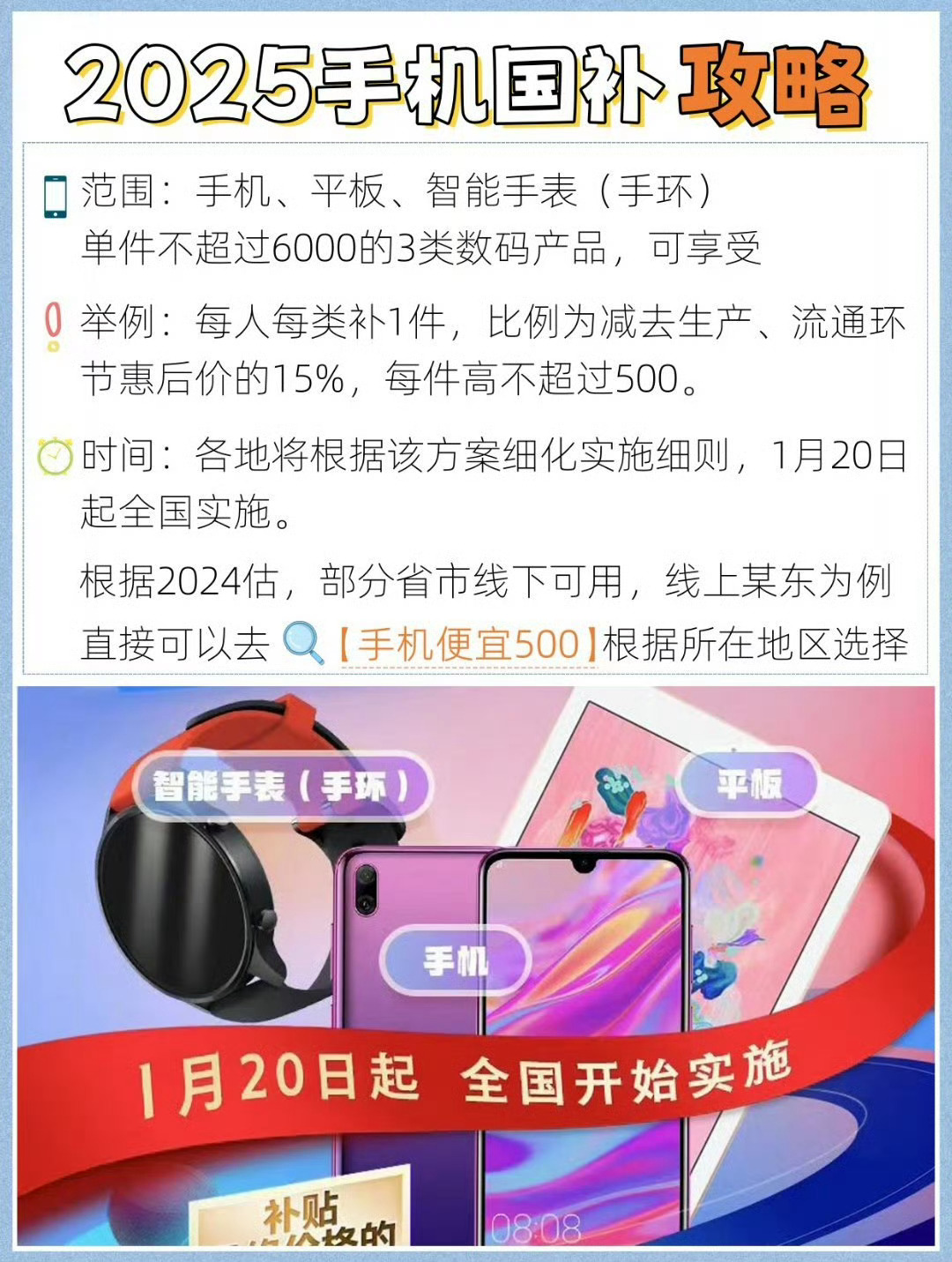 手机补贴不用交旧手机 政策落定，单价不超6K元，单台补贴最高500元，1月20日