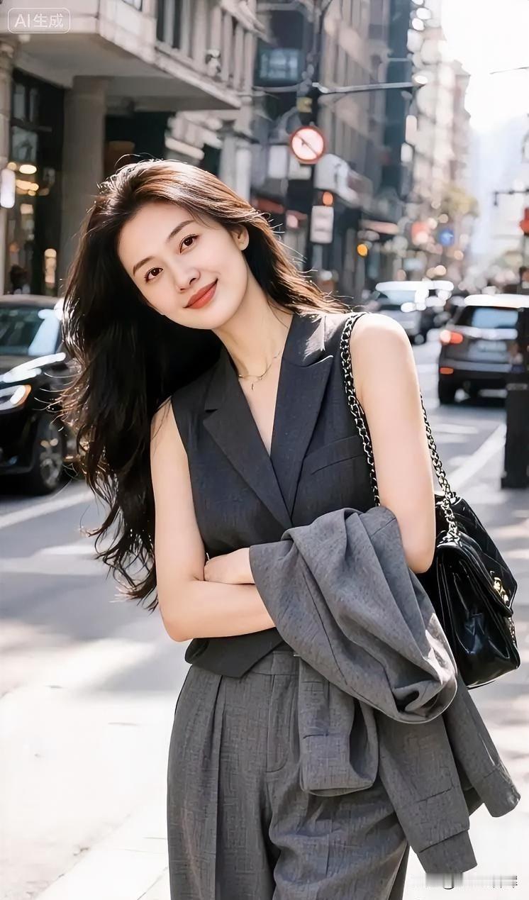 灰西装衬飒爽，
笑意染春。
步履从容，
于街角舒展都市风情。