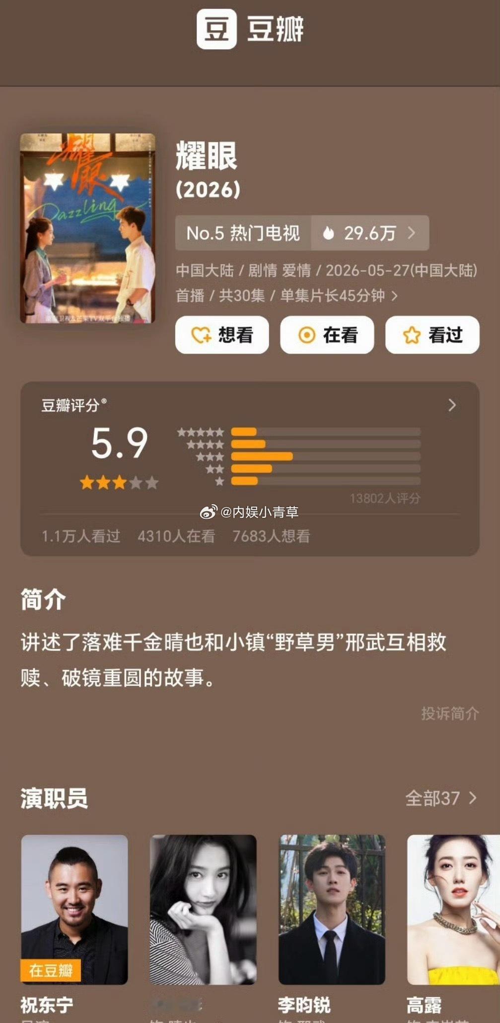 《耀眼》开分5.9，前面几集还可以，后面被编剧改废了，原著超级好看的