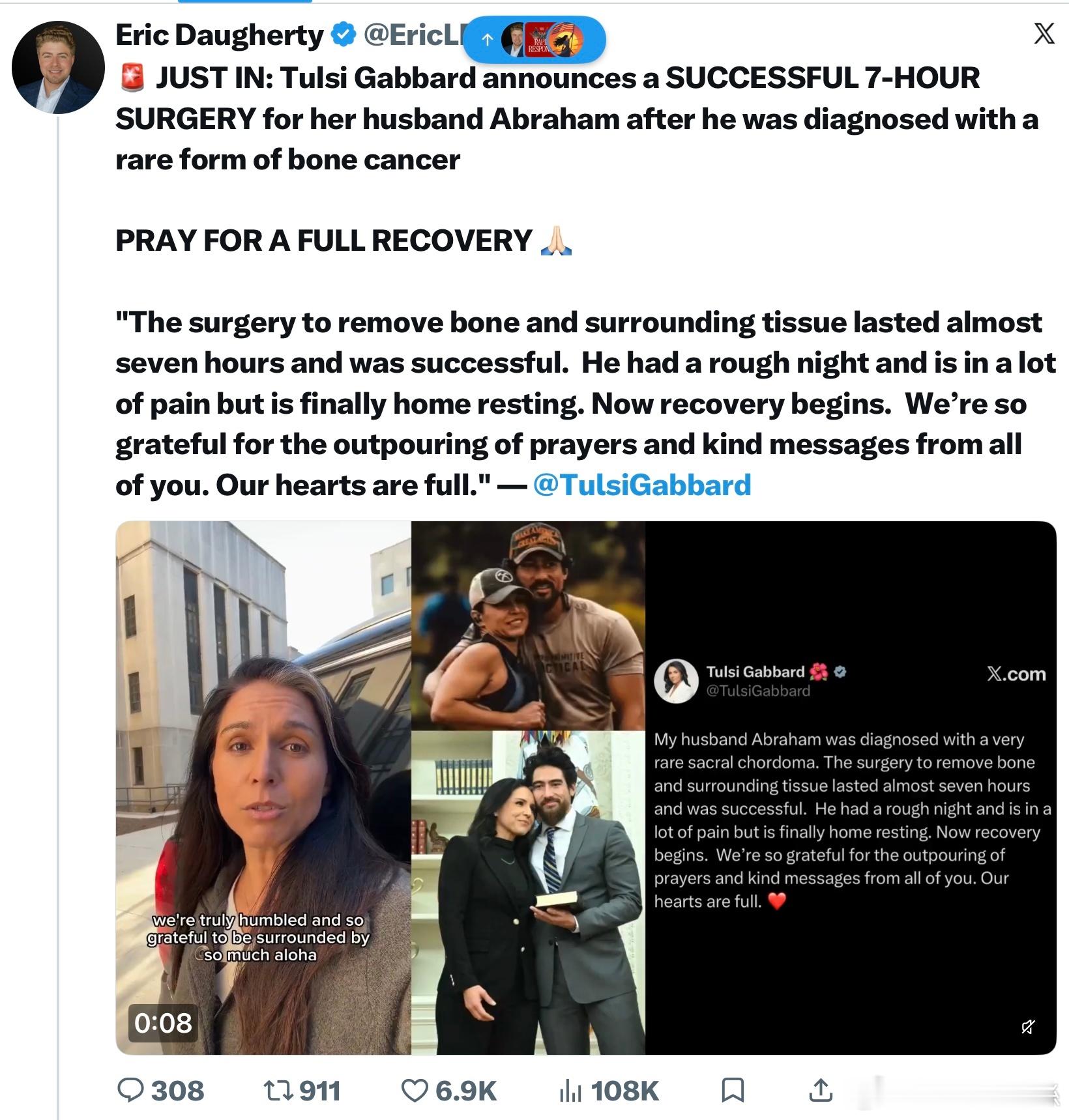 Tulsi Gabbard 宣佈，她丈夫 Abraham 在被確診患有一種罕見的