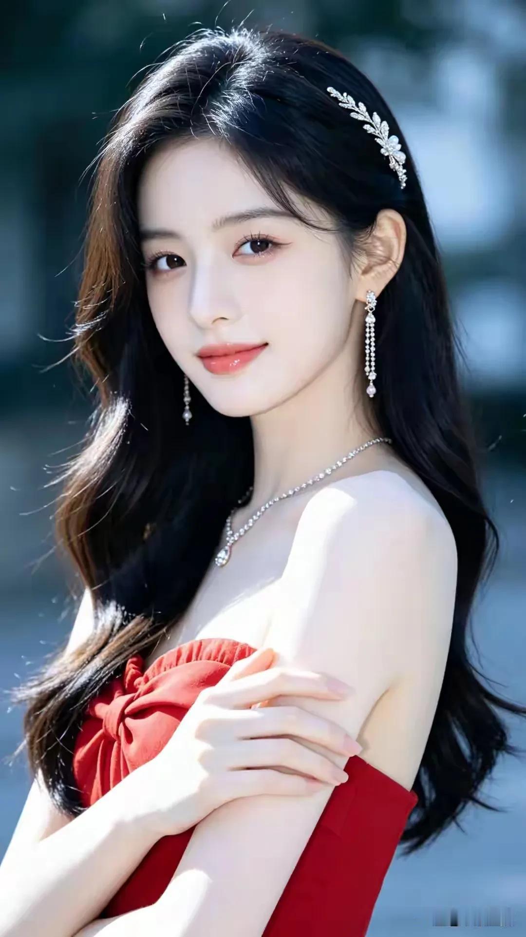阳光落在发梢，红裙与碎钻相映，明媚又闪耀✨
美女穿搭照 气质小美女穿搭