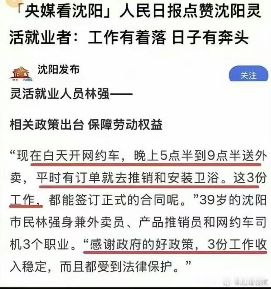 沈阳灵活就业者打三份工：网约车、外卖员、卫浴推销和安装。

看来网约车是自己的车
