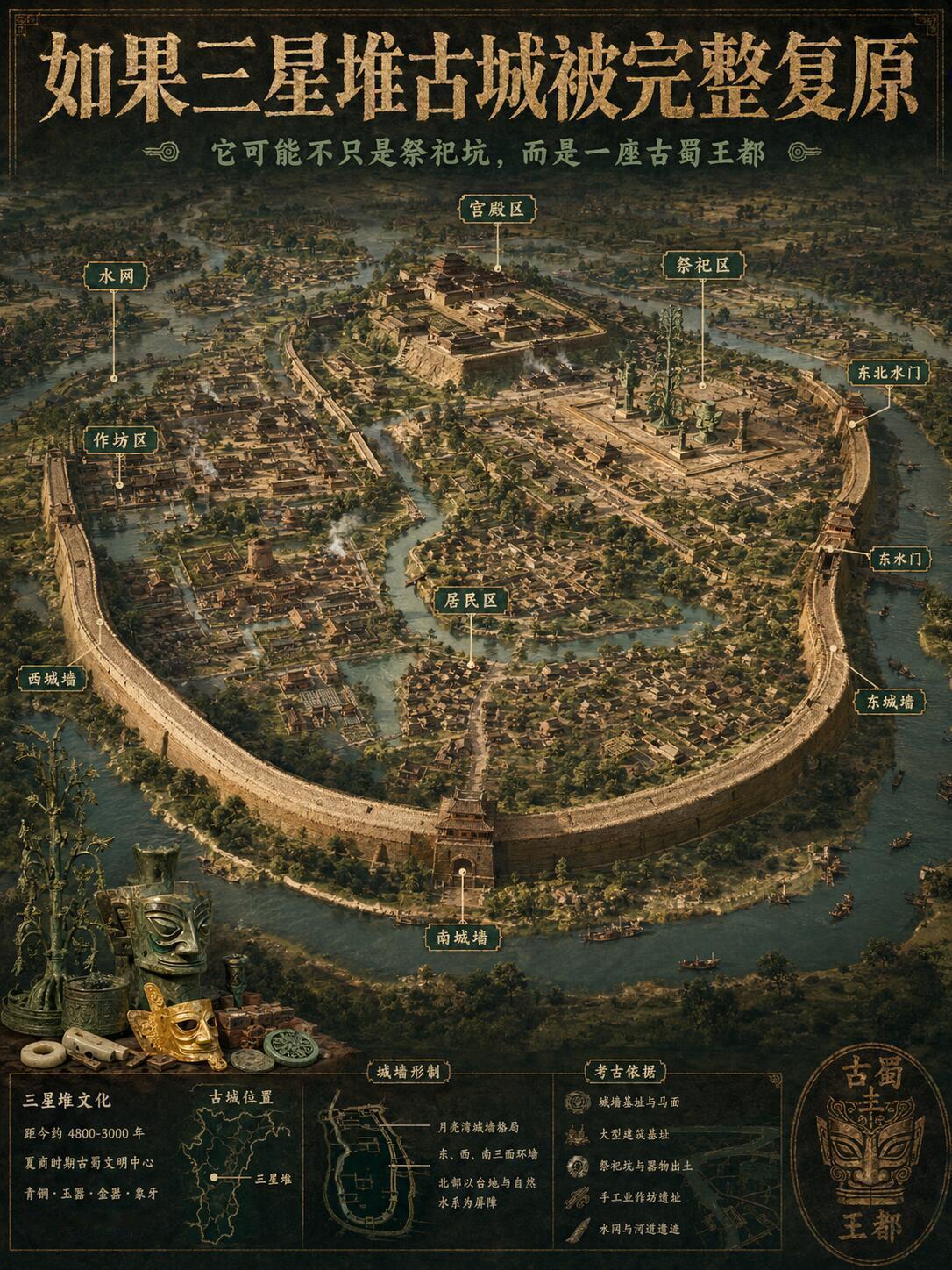 以前只知道三星堆的面具很神秘，直到看到这些复原图，才真正被震撼到。
原来那些 “