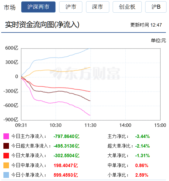 主力资金“一日游”高手，上午净流出797.9亿元主力资金净流出