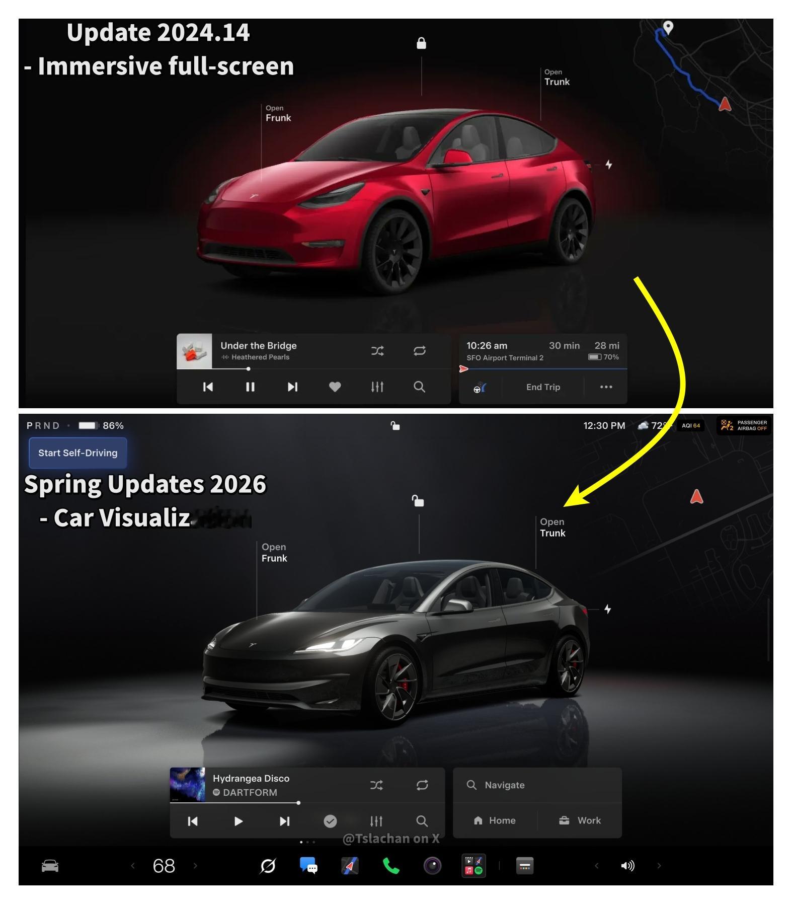 看看特斯拉春季更新这个车模显示优化的效果。如果我没记错的话，这个春季更新，过去几