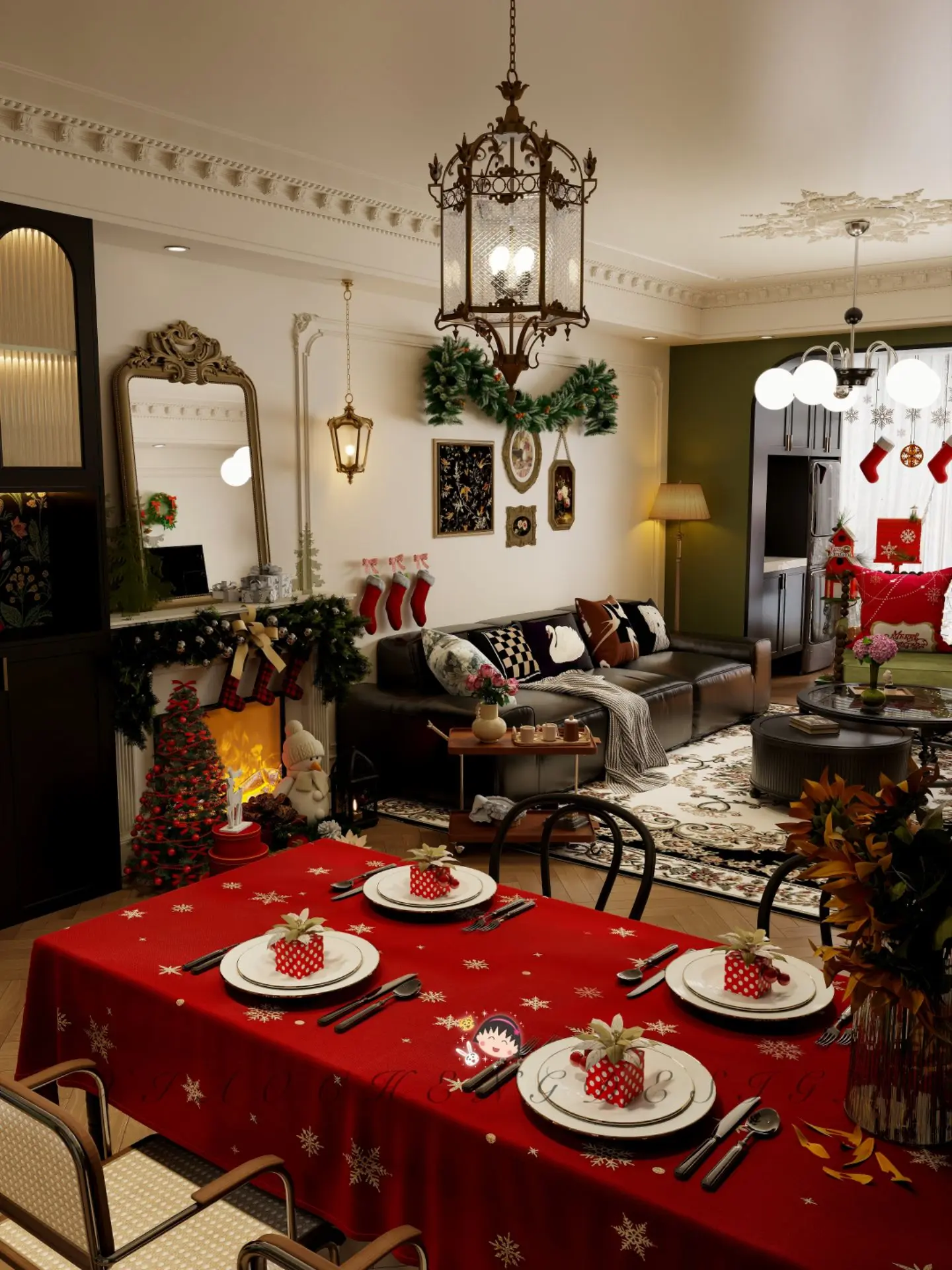 圣诞氛围越来越浓，把家布置一下，圣诞装饰让复古风的家更有氛围感，落地窗...