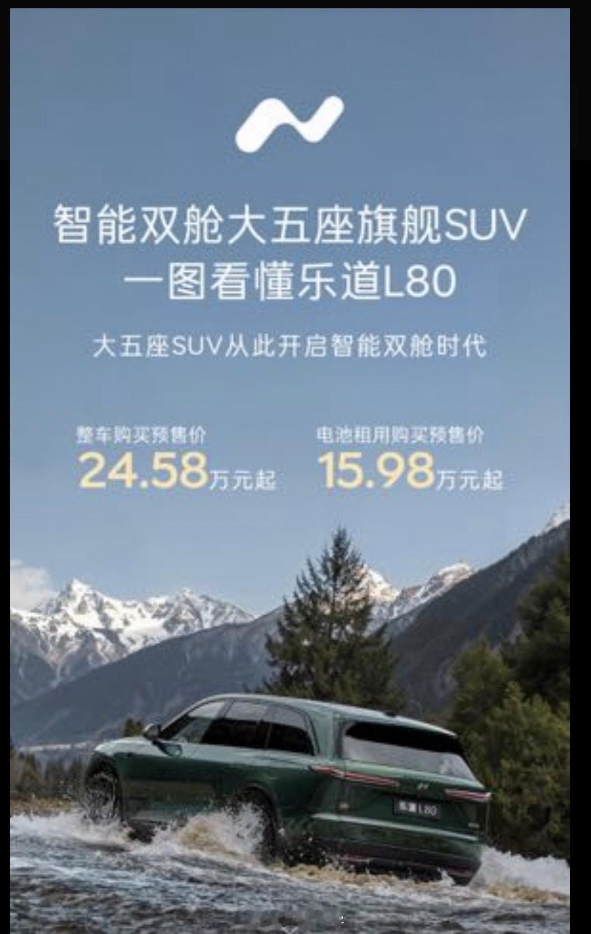 旗舰SUV乐道L80开启预售，整车购买24.58万元起，采用BaaS电池租用方式