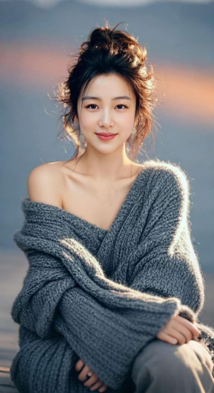 AI扩图 AI毛球毛衣少女