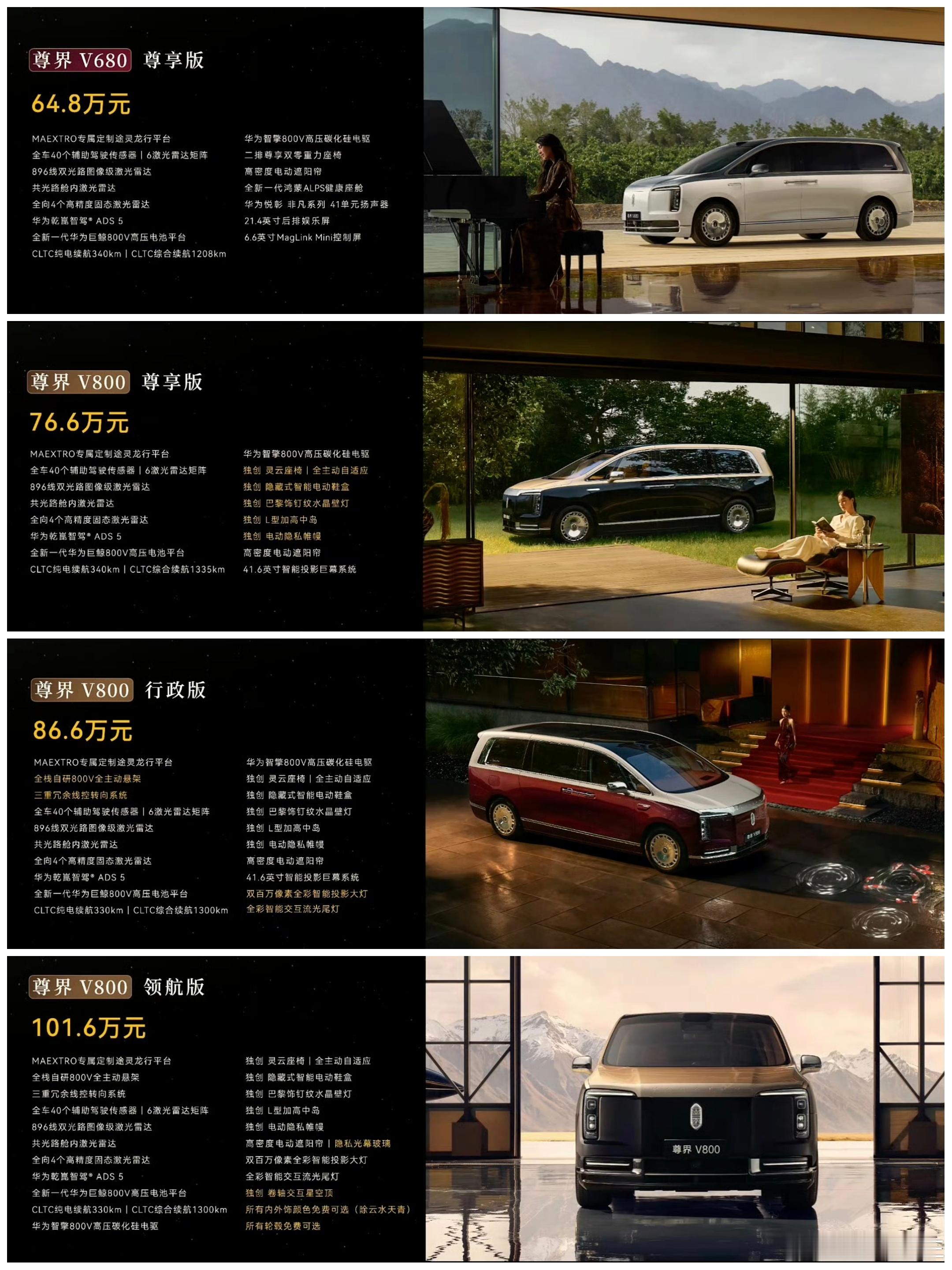 尊界V680 尊享版：64.8万元尊界V800 尊享版：76.6万元尊界V800