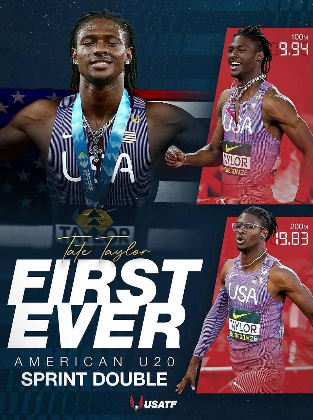 历史第一人！🇺🇸泰特·泰勒成为美国第一位，在同一届世青赛包揽男子100米、2
