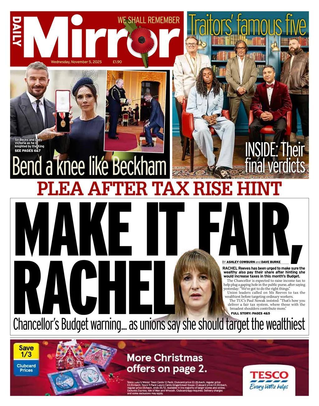 《每日镜报》报道了英国工会敦促英国财政大臣瑞秋·里夫斯在本月预算前先征收最富有者