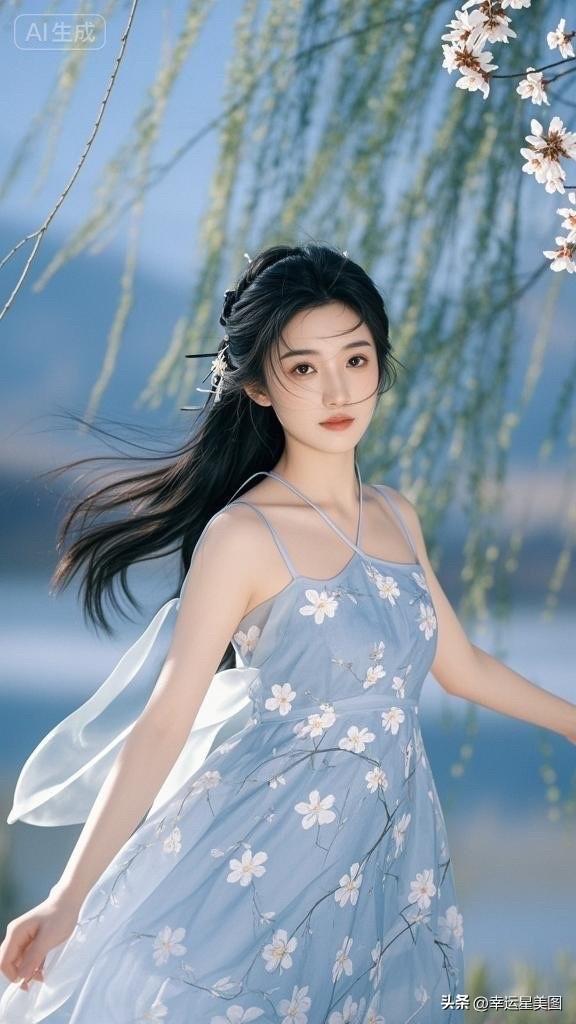 温柔蓝裙少女，清新自然，如梦似幻