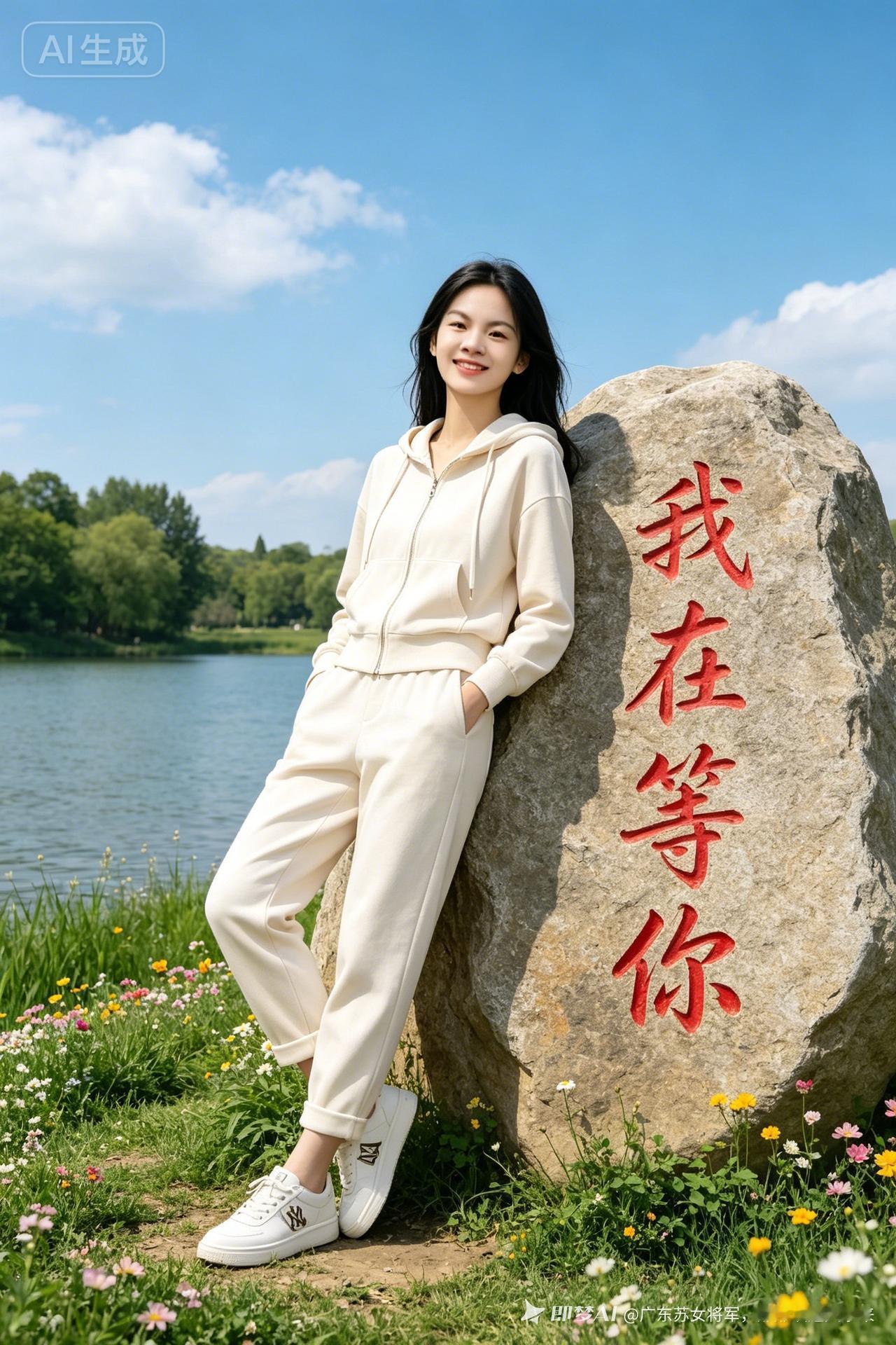黑发女子身着米白连帽休闲套装，倚着刻字巨石浅笑伫立。澄澈晴空、静谧湖水与繁花绿树