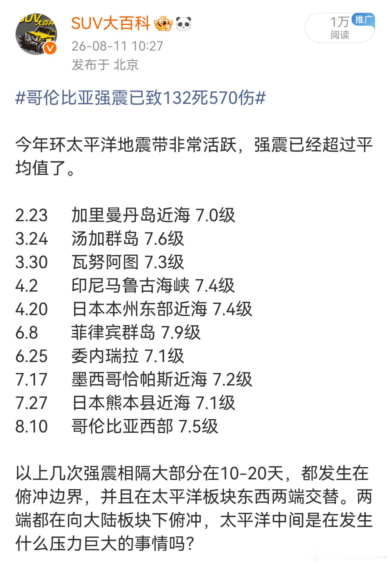 巴拿马8.0级地震还是老规律，上次说还是8月11日，紧接着印尼就强震。安静了两个