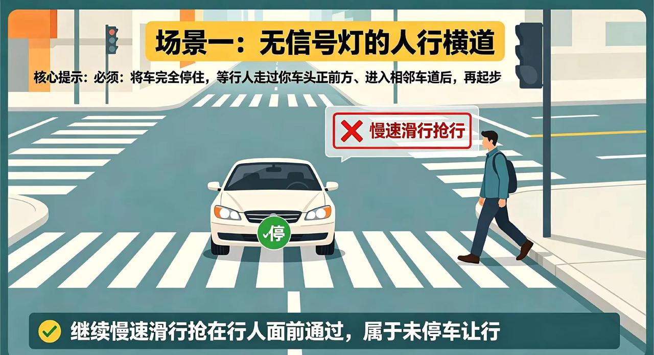 人行横道前“停车让行”、“礼让斑马线”。场景一：无信号灯的人行横道你驾车接近一条